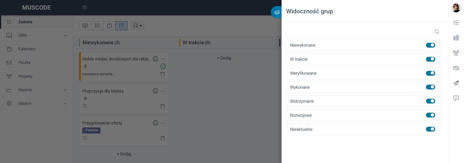 Menu 'Widoczność grup' pozwalające na włączanie i wyłączanie widoku poszczególnych kolumn na tablicy Kanban. 