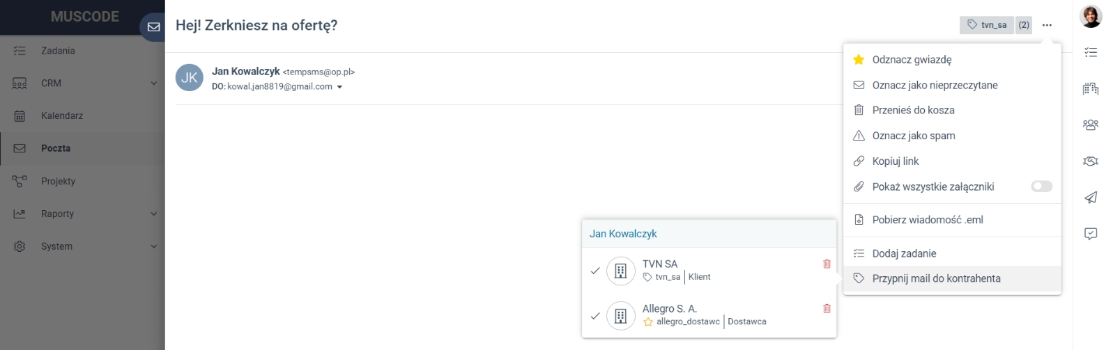 Opcja 'Przypnij mail do kontrahenta' pozwalająca na wybór wielu kontrahentów. 