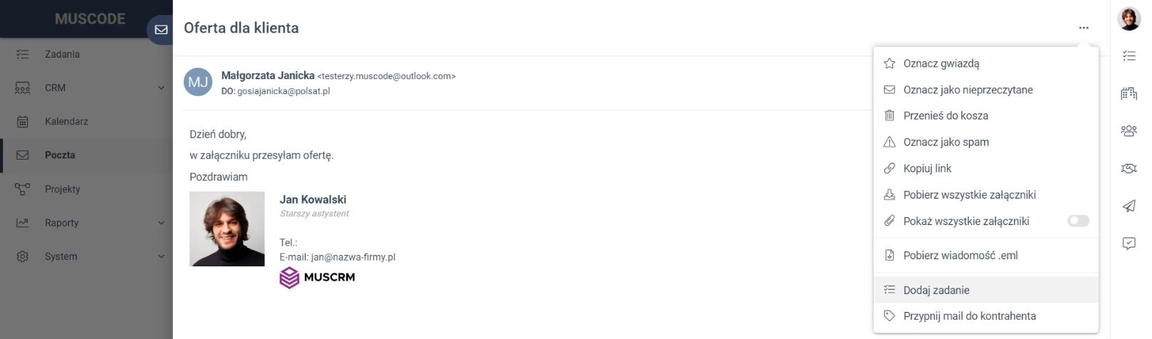 Podgląd treści wiadomości e-mail bezpośrednio z załącznika .eml w zadaniu. 