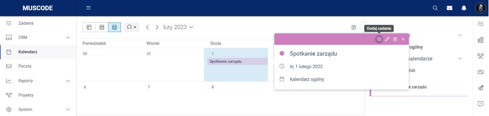 Szczegóły wydarzenia w kalendarzu z widoczną ikoną 'Dodaj zadanie'. 