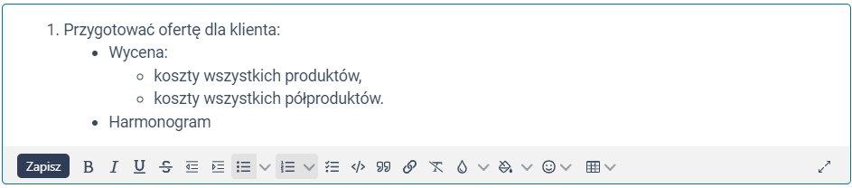 Przykład wielopoziomowej listy w nowym edytorze tekstu. 