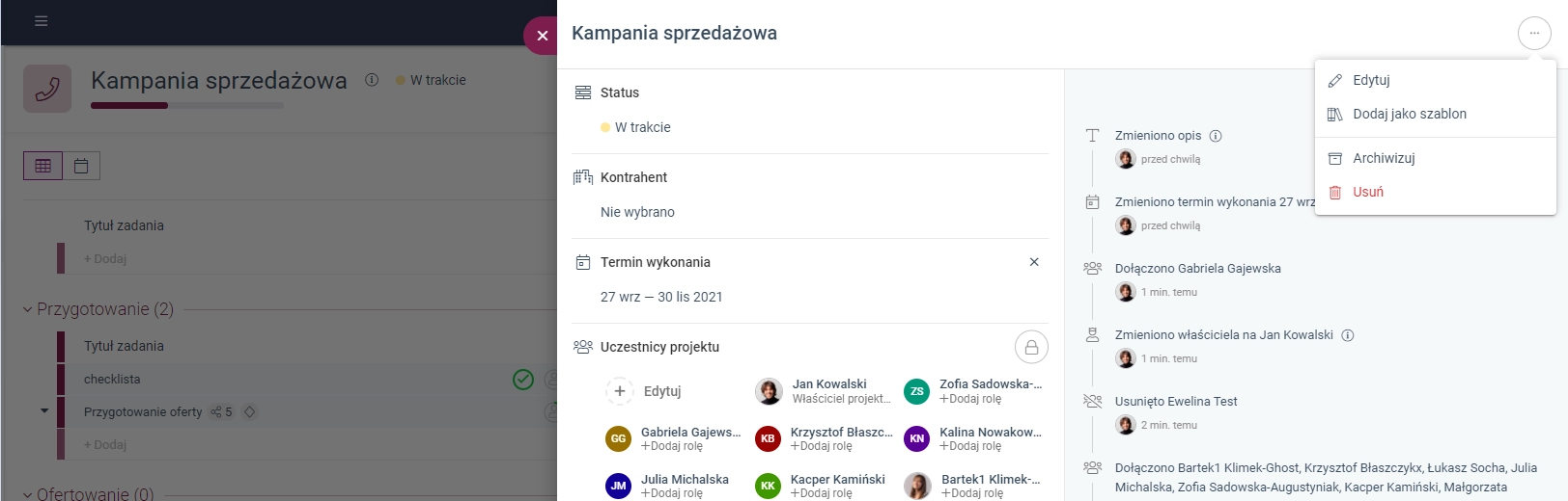Zrzut ekranu przedstawiający opcję 'Dodaj jako szablon' w menu projektu.