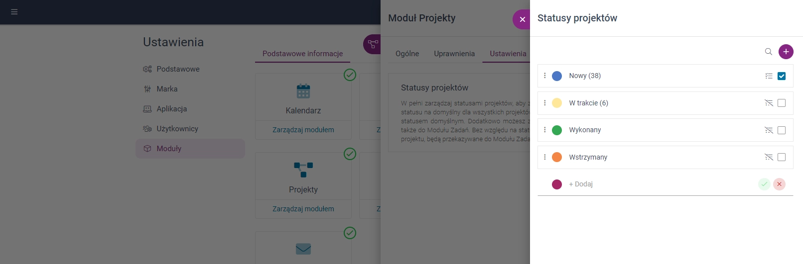 Zrzut ekranu przedstawiający ustawienia statusów projektów. 