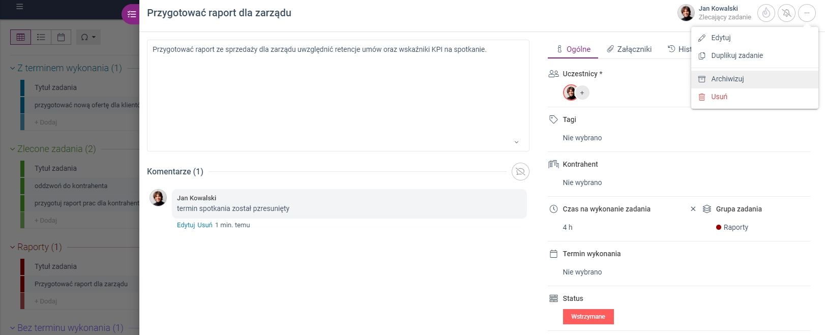 Zrzut ekranu przedstawiający opcję 'Archiwizuj' w menu zadania.