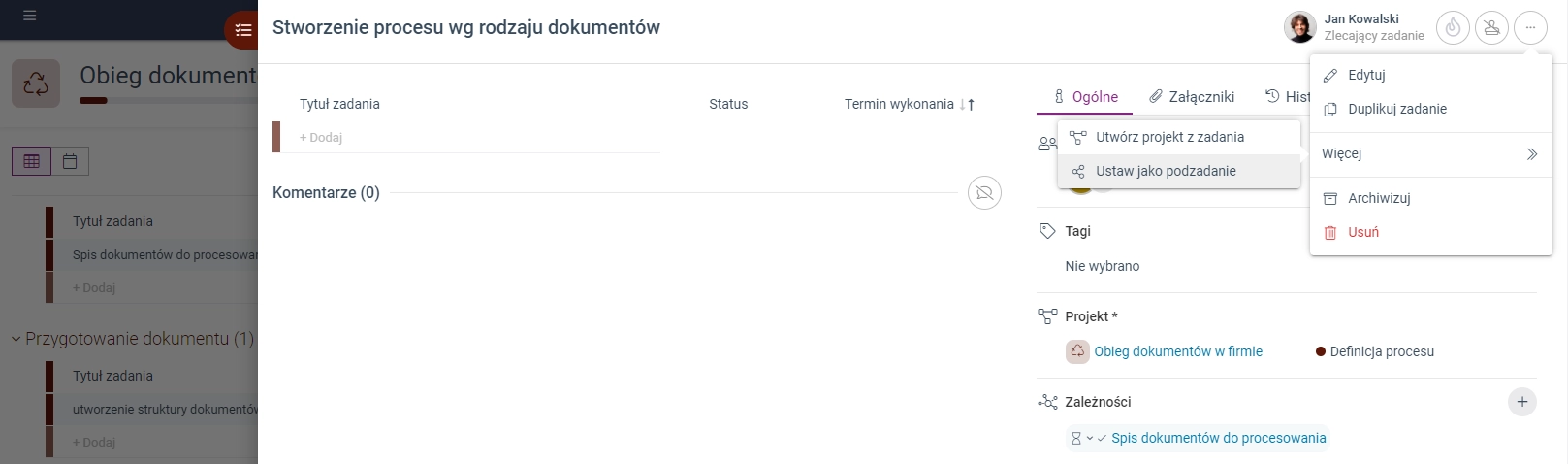 Zrzut ekranu przedstawiający opcję 'Ustaw jako podzadanie' w menu zadania.