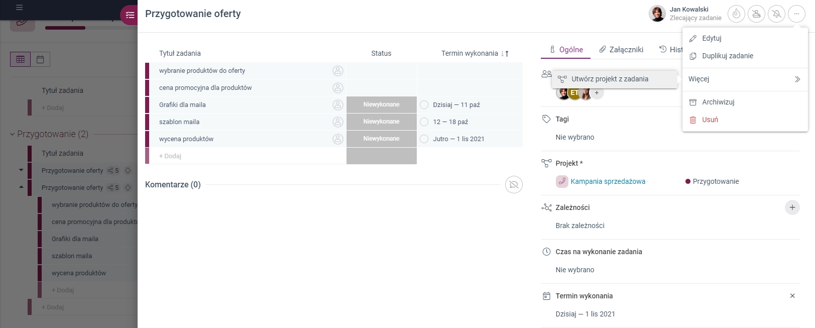Zrzut ekranu przedstawiający opcję 'Utwórz projekt z zadania' w menu zadania.