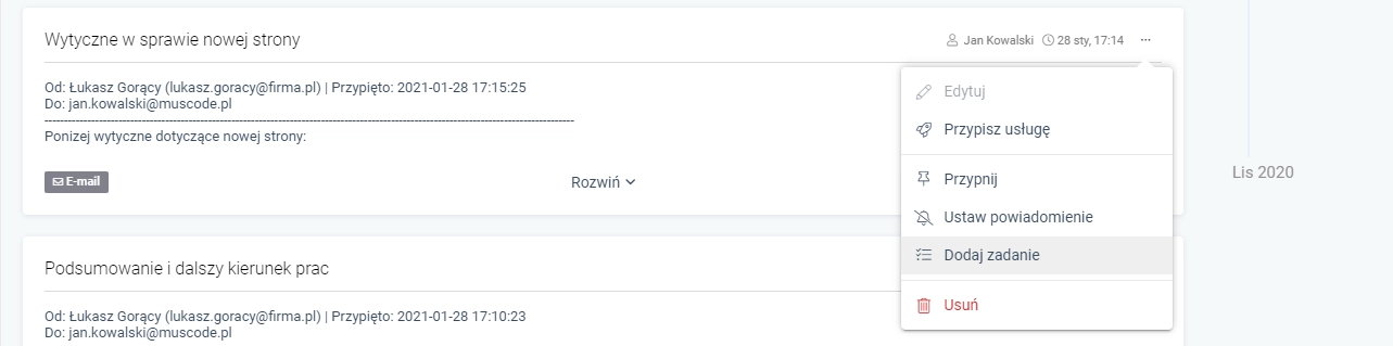 Zrzut ekranu przedstawiający opcję 'Dodaj zadanie' w menu notatki.