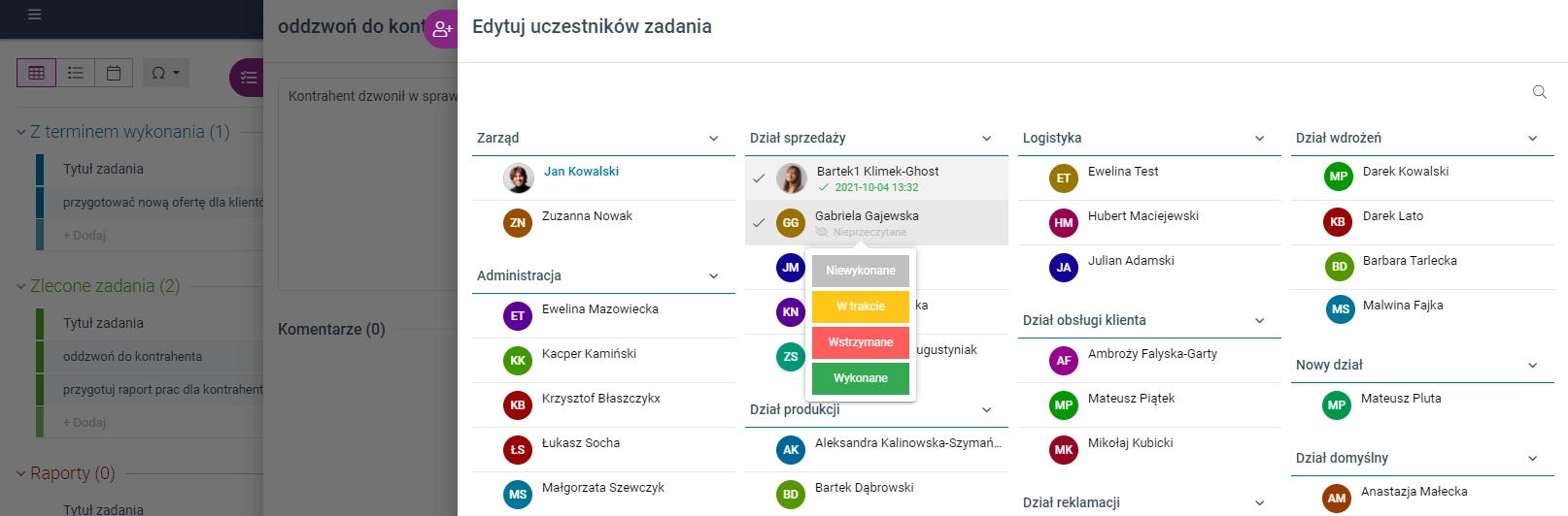 Zrzut ekranu przedstawiający edycję uczestników zadania i ich statusów. 
