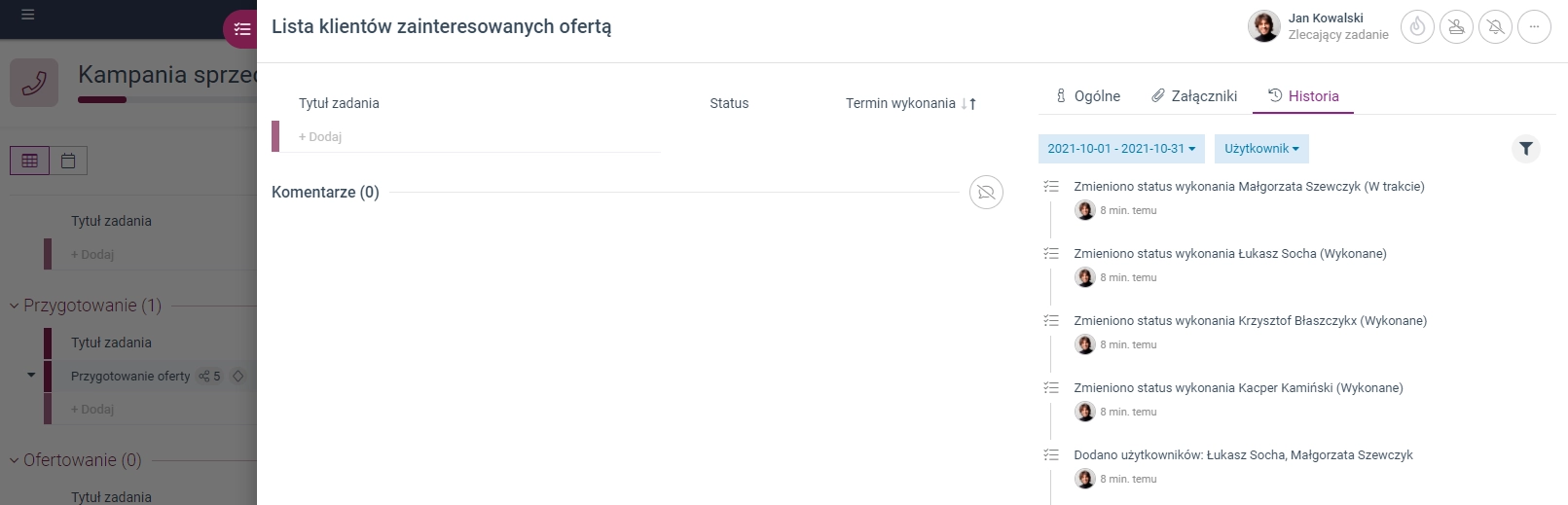 Zrzut ekranu przedstawiający filtry w historii zadania. 