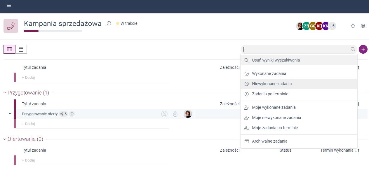 Zrzut ekranu przedstawiający dodatkowe filtry wyszukiwania zadań w Module Projektów. /14_1/